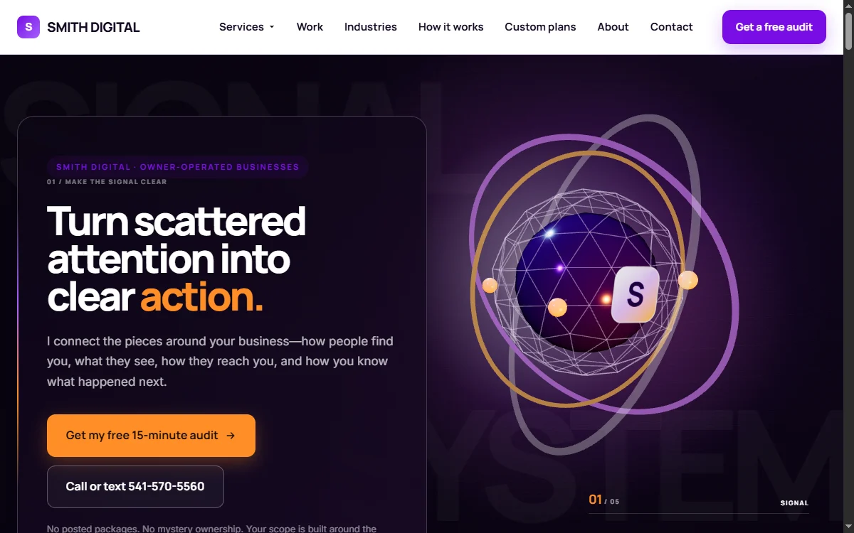 Earlier Smith Digital website design with its purple and orange visual identity