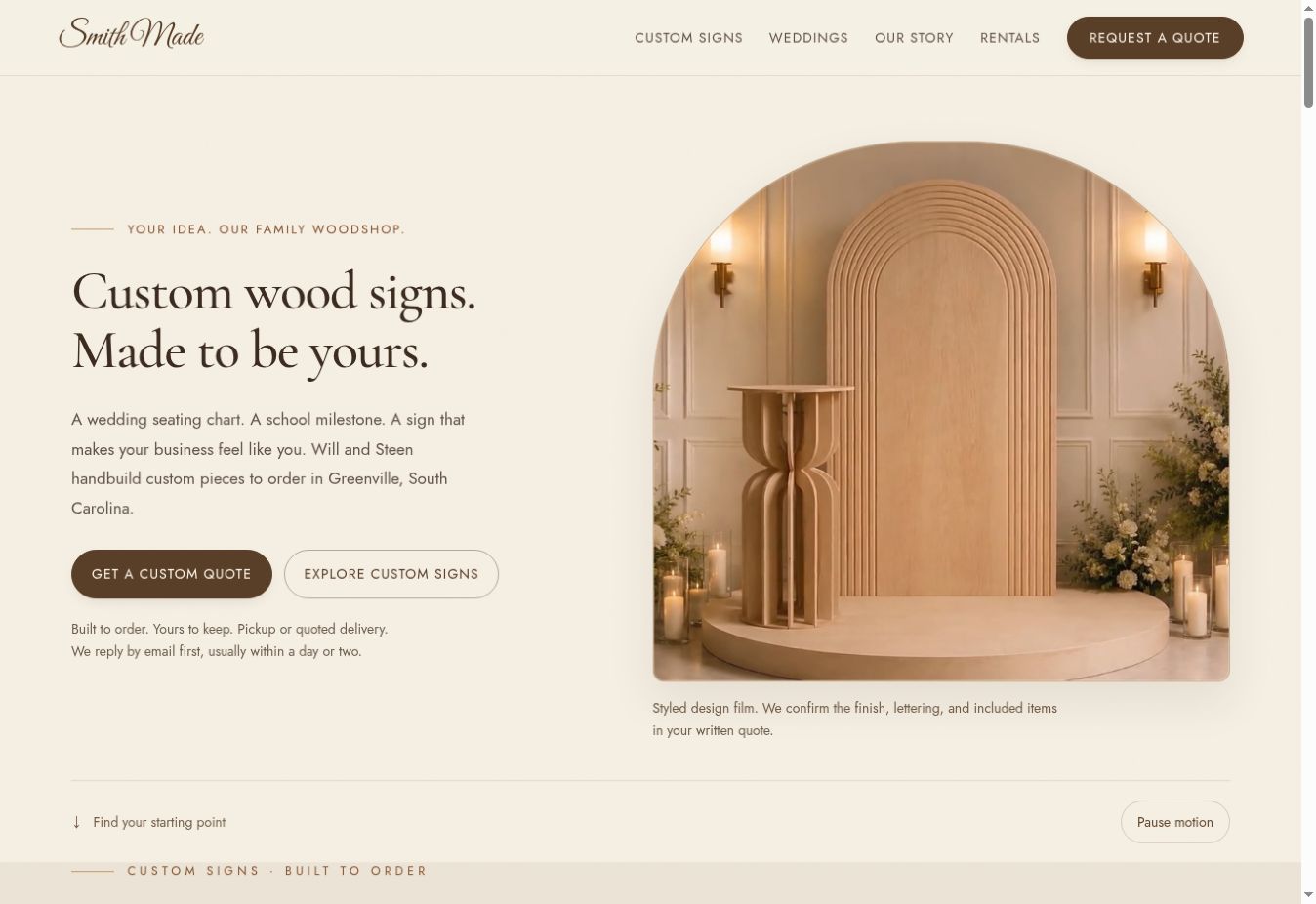 Actual Smith Made website with a custom-sign offer and clear quote request